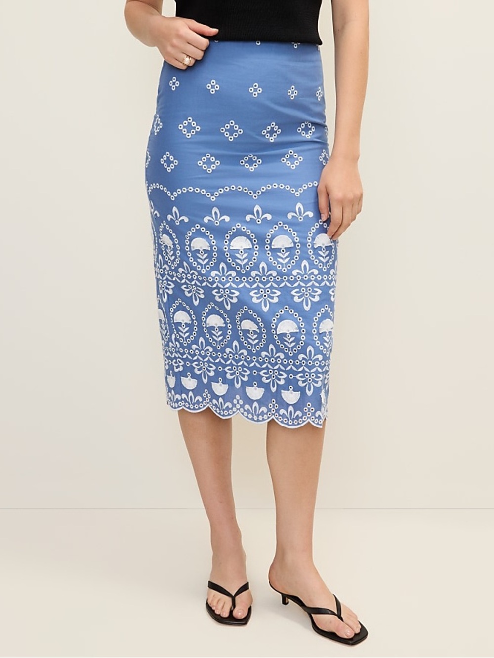 Blue Embroidered Pencil Skirt - White Floral Pattern